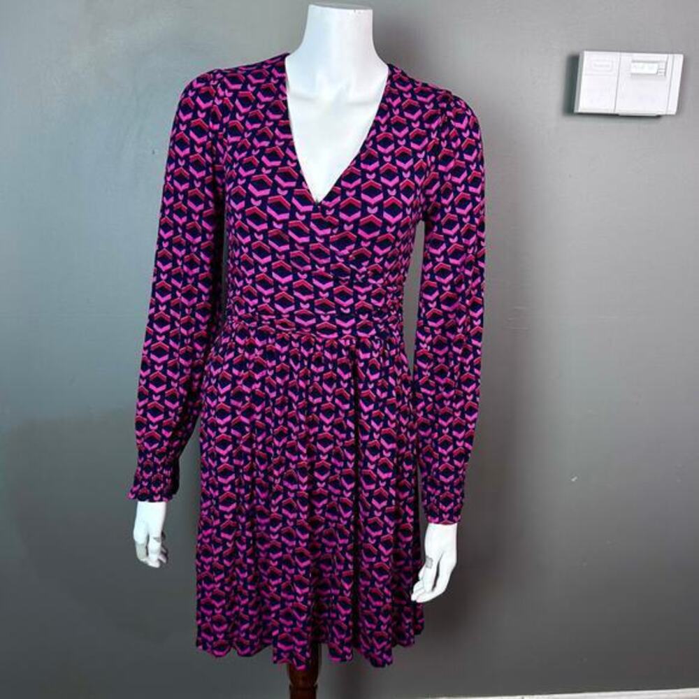 Boden dress size 6 jersey knit navy print blue red long sleeve wrap soft comfy